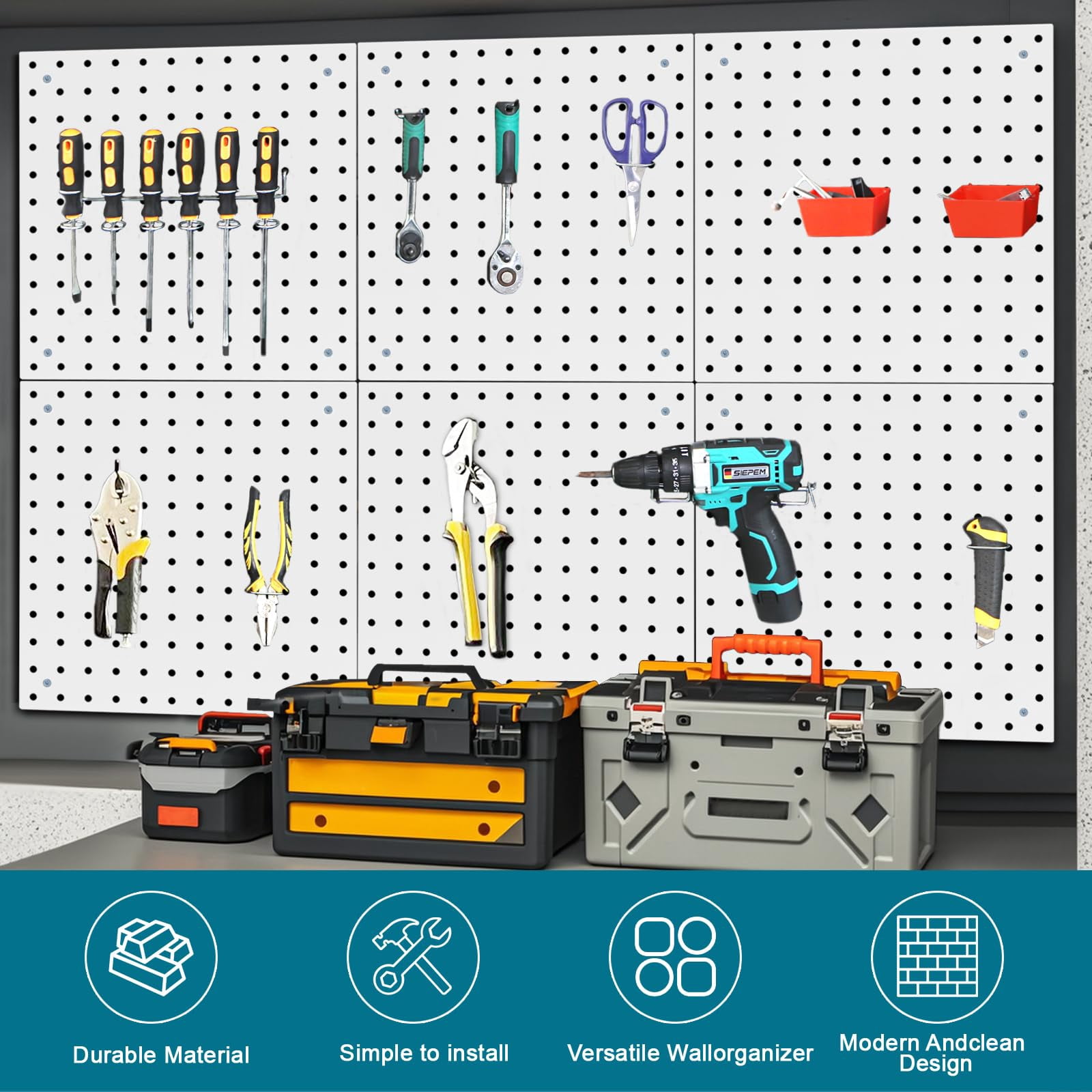 6-Pack Steel Pegboard with 106 Hooks Bins & Locks - Complete Wall Organization Kit 12x12 Inch