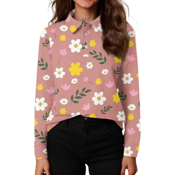 CCRFTGI Polo Shirts for Children Girls 7-8 Uniform Daisy Printed Shirt Golf Tennis Button Up Collared Polo Lightweight Long Sleeve Summer polo shirts Camel 5-6 Years