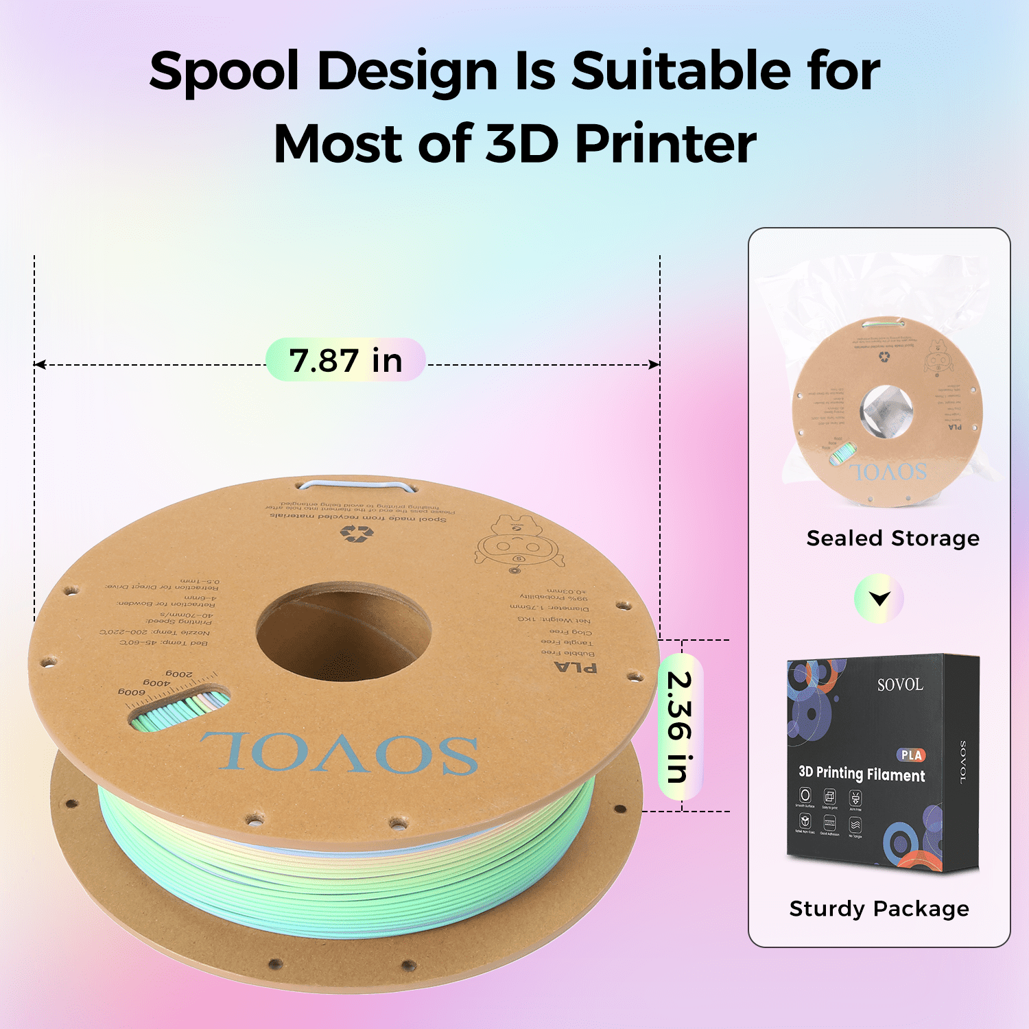 Sovol 3D Printer Matte Multicolored Fast Change Rainbow PLA 1kg (2.2 lbs) Spool 3D Printing Materials, Dimensional Accuracy +/- 0.03 mm, 1.75 mm, Matte Macaron Rainbow