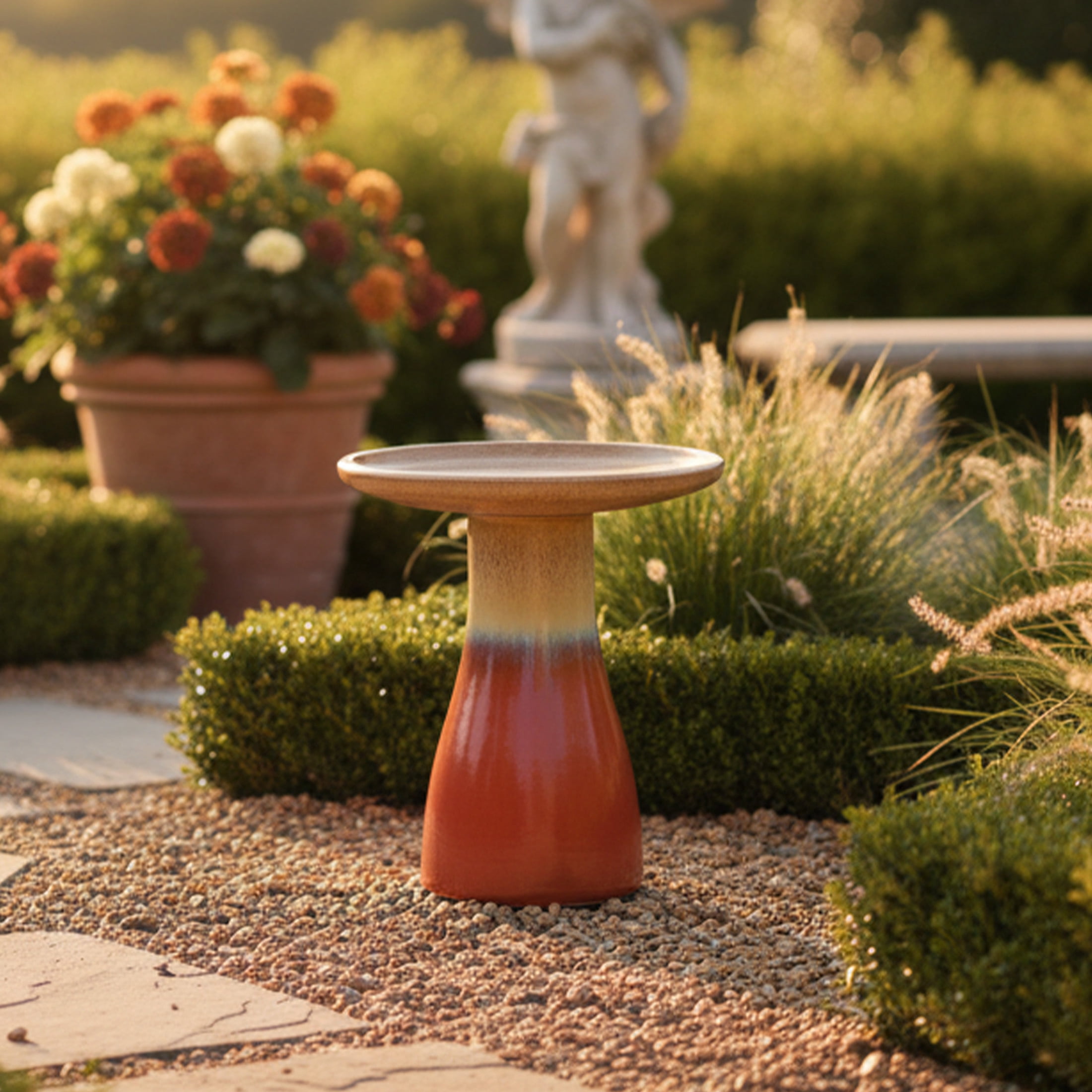 Sunnydaze Duo-Tone Freestanding Ceramic Outdoor Bird Bath, UV-Resistant Lemon Cognac Finish