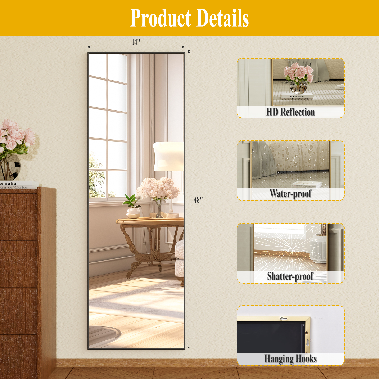 Beautypeak Full-Length Door Mirror, Black, 48x14 photo 2