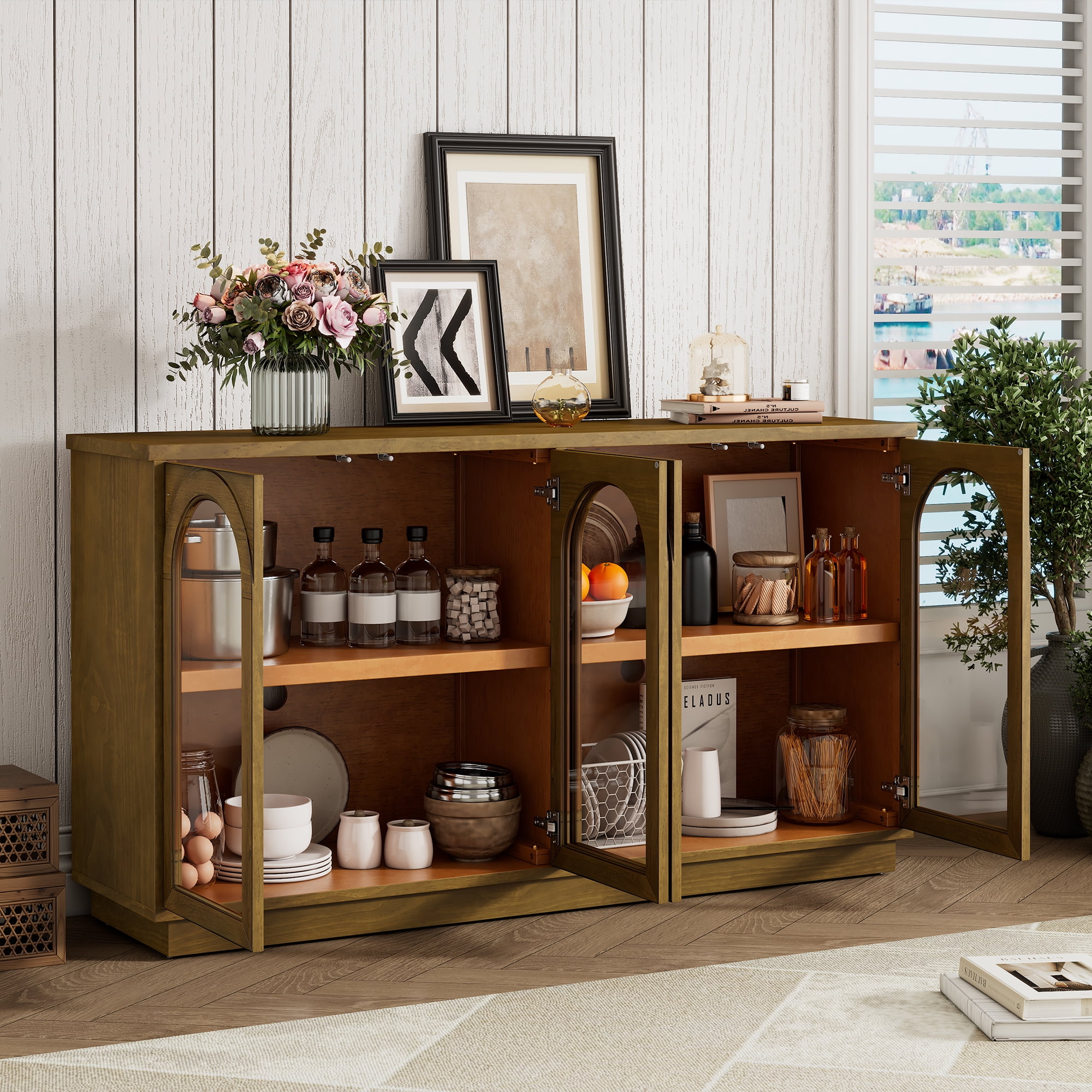 TrumanPick 4-Door Buffet Cabinet Sideboard for Bedroom, Modern Arched Glass Storage Console with Adjustable Shelves, Accent Cabinet Console Table TV Stand for Living Room, Old Pine