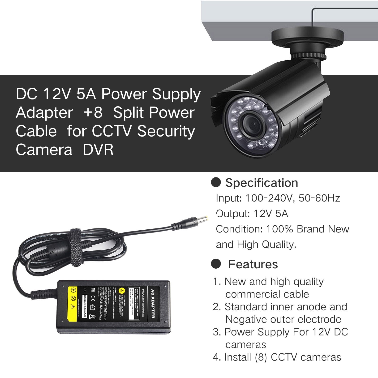 PSU-1250-D4 AC to DC 12V 5A Power adapter for CCTV camera UL