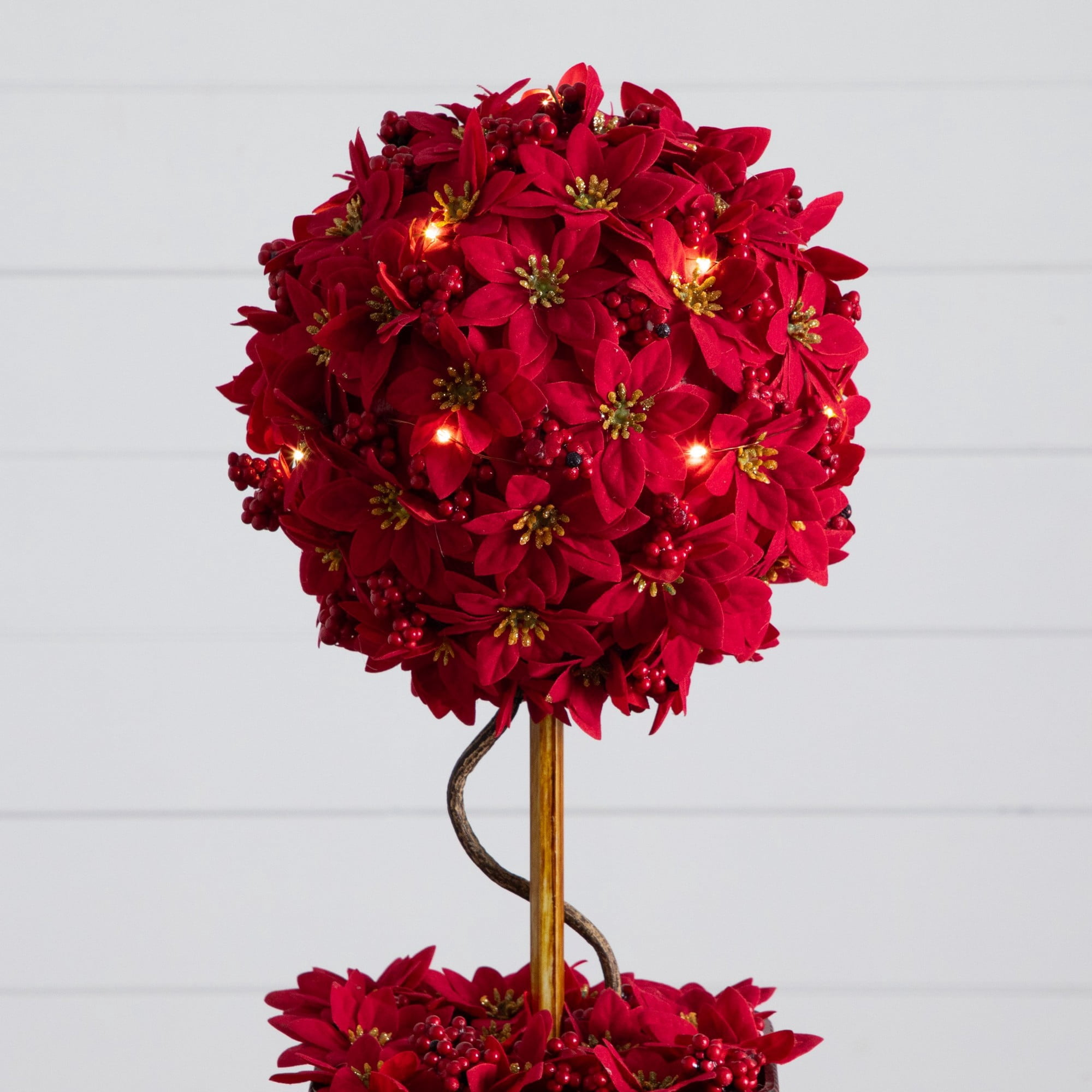 21in. Pre-Lit Artificial Christmas Poinsettia Single Ball Topiary Tree with 15 LED Lights in Decorative Planter