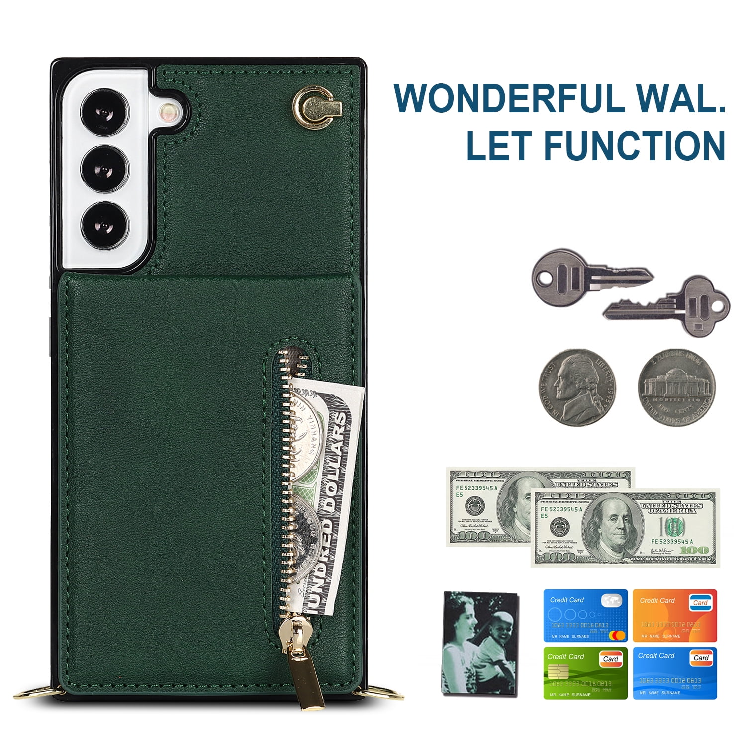 Dteck Flip Leather Wallet Case for Samsung Galaxy S24 Plus, Crossbody Wallet Case with Credit Card Holder Zipper Pocket Lanyard Shoulder Strap, Kickstand Phone Cover for Samsung S24 Plus,Green