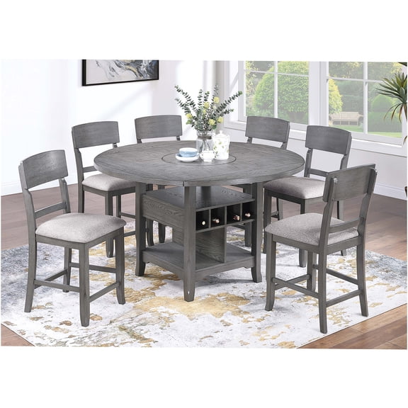 JERFIT 7-Piece Counter Height Dining Set with Drop-Leaf Table, Lazy Susan, Storage, and 6 Upholstered Chairs for Kitchen and Dining Room