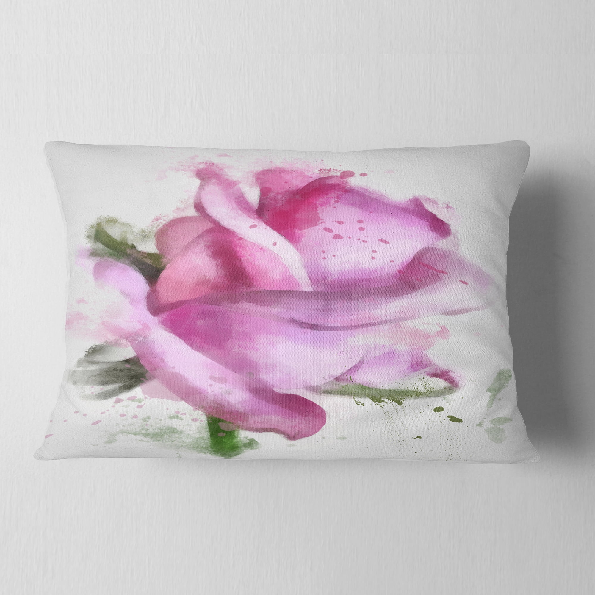 Designart Pink Rose Drawing Watercolor - Floral Throw Pillow - 12x20