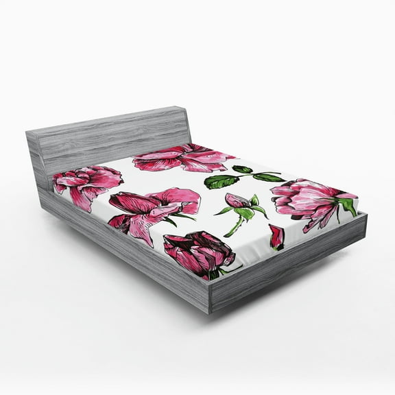 Ambesonne Pink Green Fitted Sheet, Garden Flowers Rose Buds, Full Size, Pale Pink Hot Pink