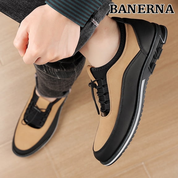 Men'S Plus Size Genuine Faux Leather Business Casual Shoes - Low-Top Round Toe Design, All-Season Comfort for Office, Travel & Outdoor - Black ,Slip-Resistant Rubber Sole, Elastic Slip-On Closure