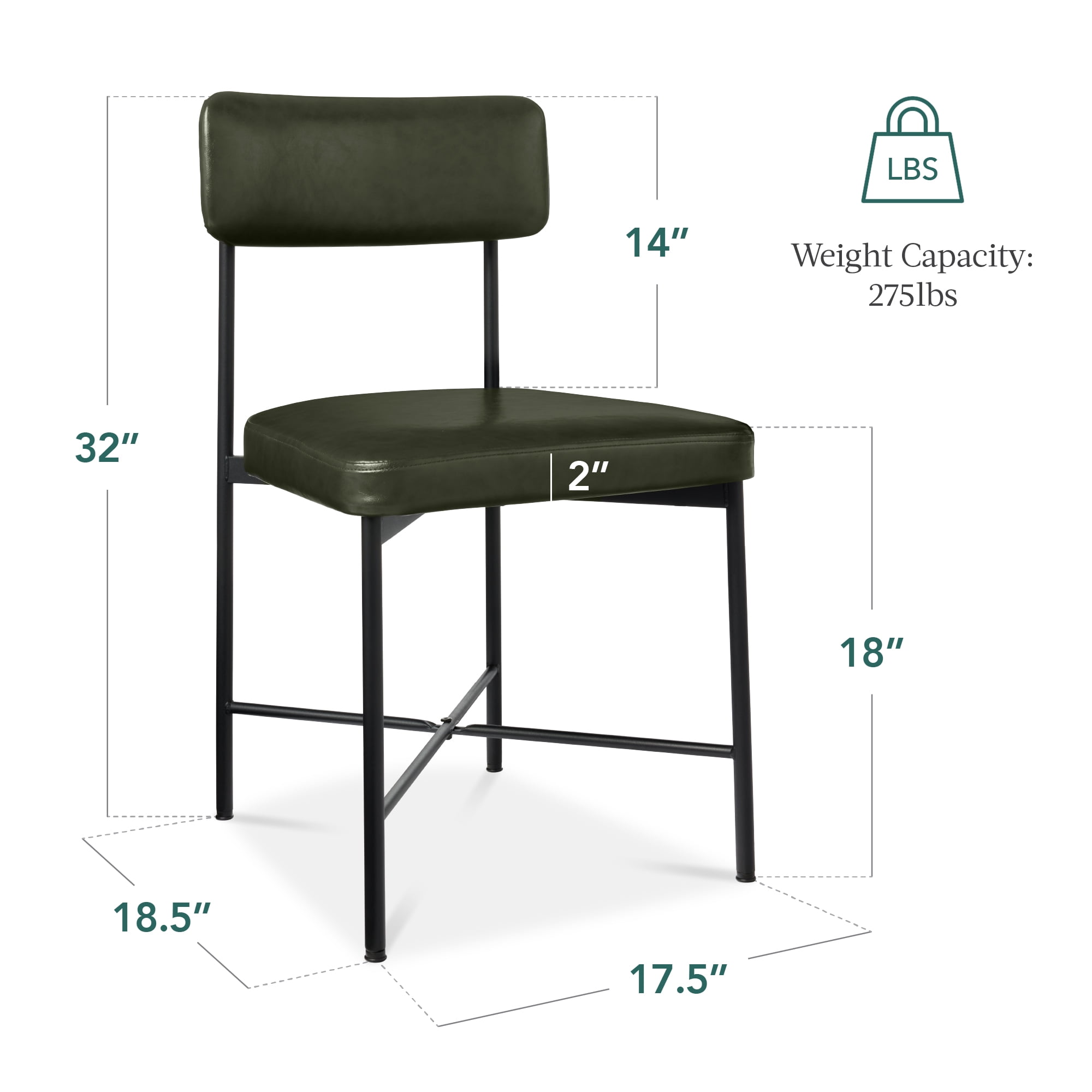 Best Choice Products Faux Leather Dining Chair Set of 2, Standard Height w/ Metal Frame - Moss Green