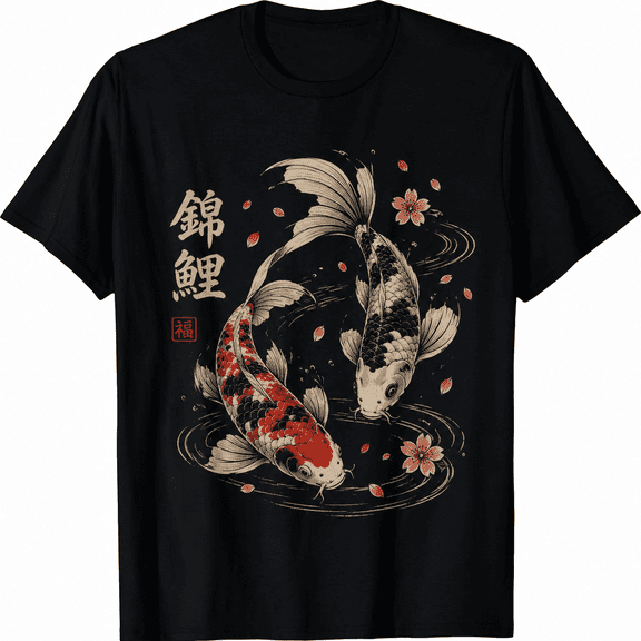 Japanese Koi Fish Graphic T-Shirt Lucky Carp Cherry Blossom Unisex Casual Tee