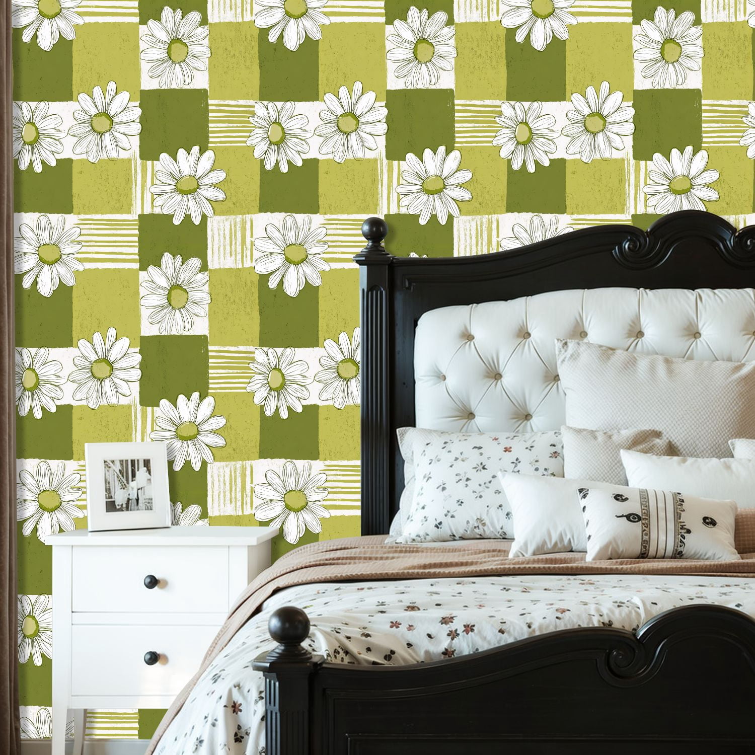 Sage Green Peel and Stick Wallpaper Green White Daisy Floral Stripes Squares Wall Mural 23.6in x 9.8ft Self Adhesive Removable Wall Paper Renter Friendly Wallpaper for Girls Bedroom