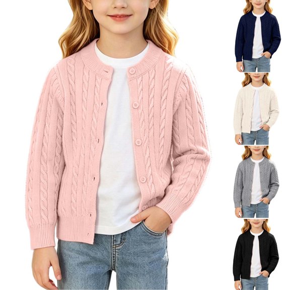 Auroural Toddler Girls Cardigan Sweaters 5T Girls' Fall and Winter Knitted Cardigan Sweater Solid Color Casual Sweater Coat 2-13Years