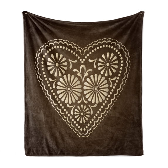 Chocolate Soft Flannel Fleece Throw Blanket, Romantic Heart Pattern with Dots and Flowers Valentines Day Art Illustration, Cozy Plush for Indoor and Outdoor Use, 50" x 70", Brown Beige, by Ambesonne