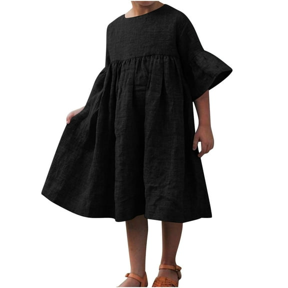 OGLCCG Girls Dress Summer Round Neck Casual Ruffle Short Sleeve Midi Shirt Dress Solid Color Loose Fit Boho Beach Babydoll Dress 3-12 Years