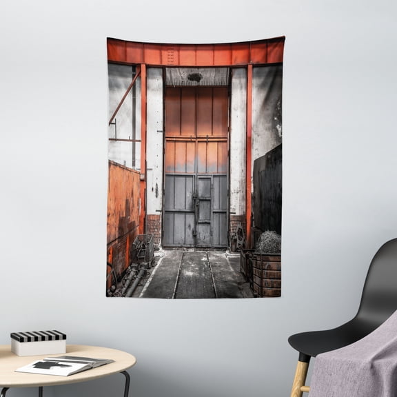 Industrial Decor Tapestry, Worn Out Metal Gate Entrance Grungy Structure Rustic Architecture, Wall Hanging for Bedroom Living Room Dorm Decor, 40W X 60L Inches, Orange Grey White, by Ambesonne