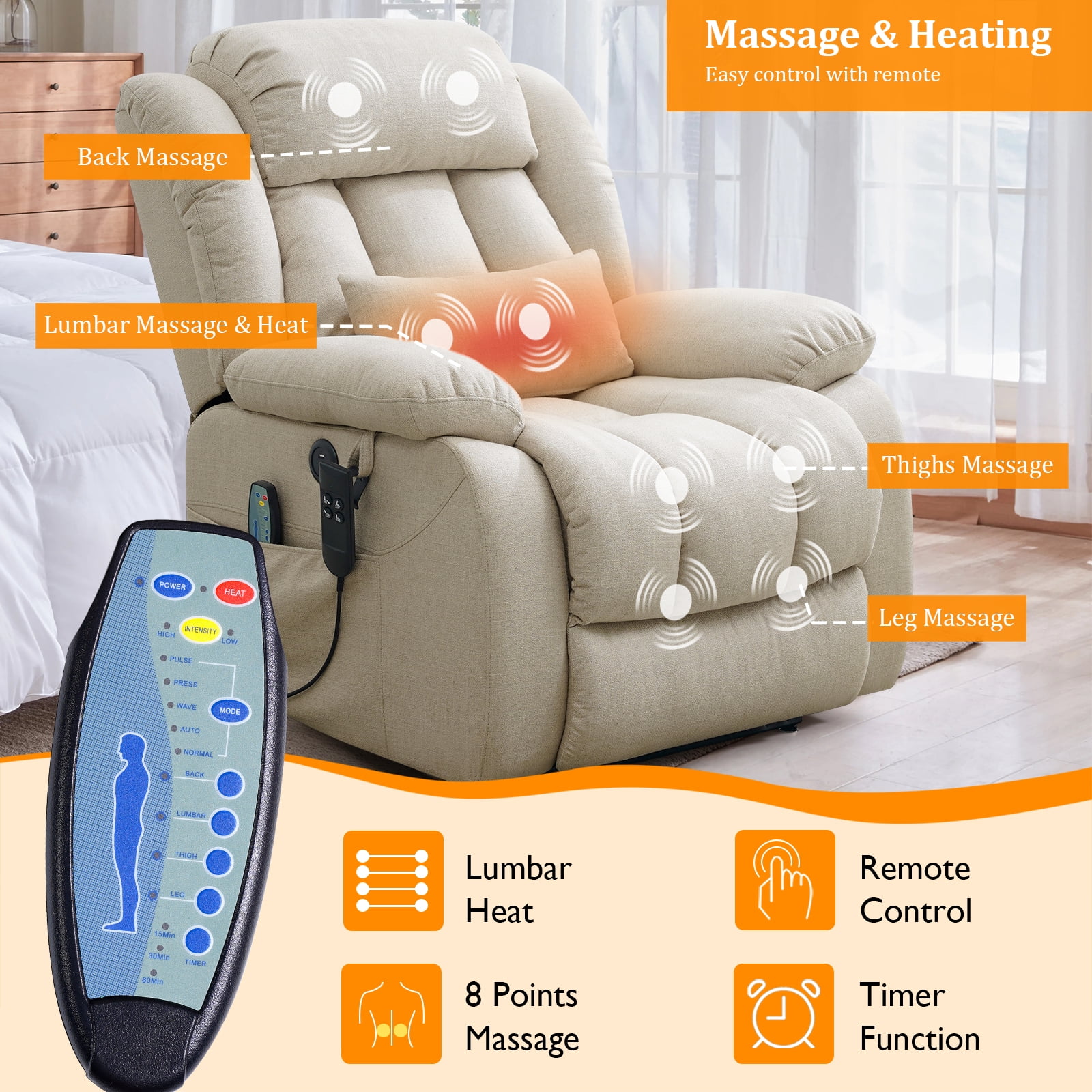 TEKAMON Infinite Position Lift Recliner Chair for Elderly with Heat and Massage Lay Flat Sleeping Power Lift Chair, Linen Fabric, Beige