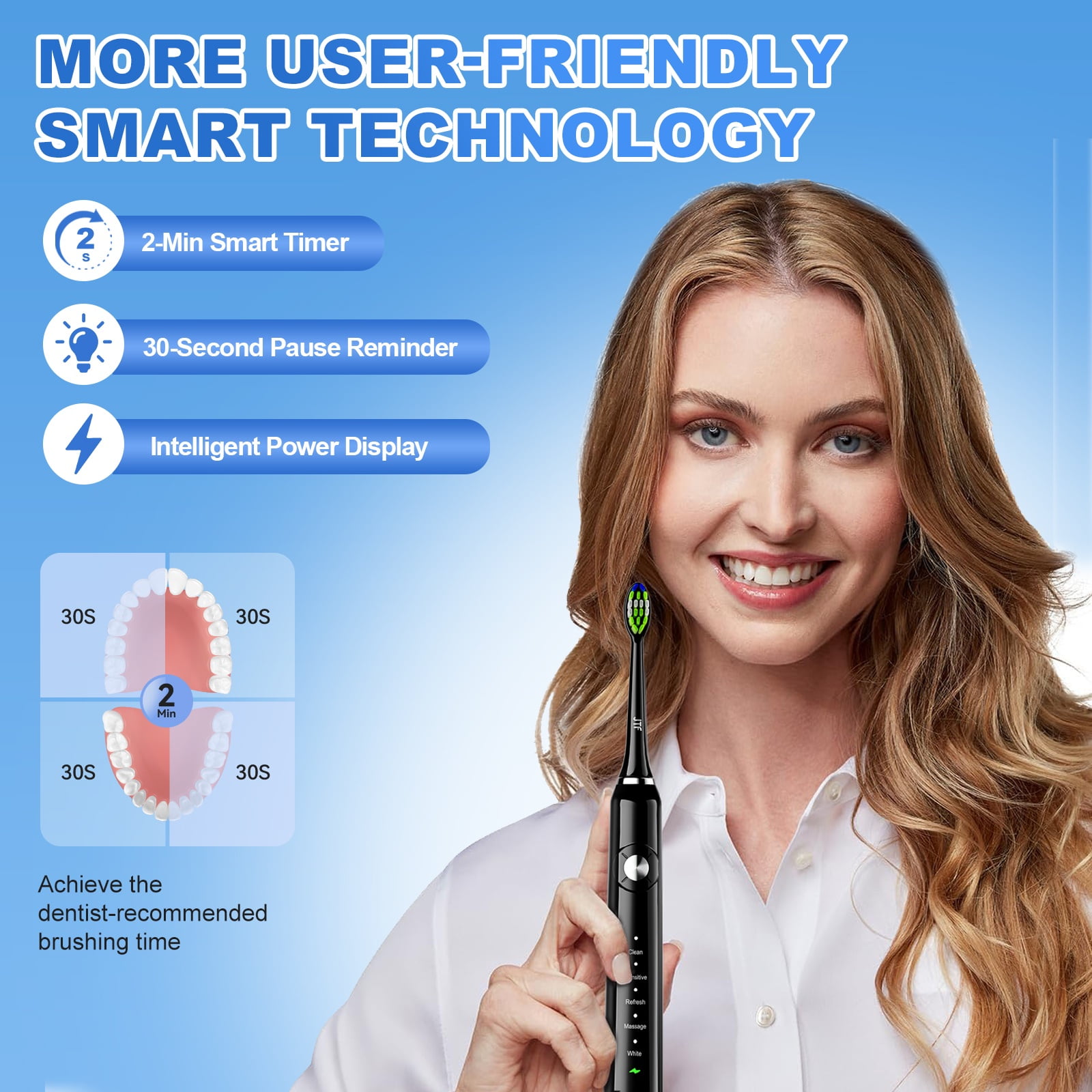 JTF Sonic Electric Toothbrush for Adults and Kids with Travel Case and 6 Brush Heads, 5 Modes 40000 VPM Rechargeable Power Toothbrush with Wireless Charger, IPX7 Waterproof 60-Day Battery Life, Black
