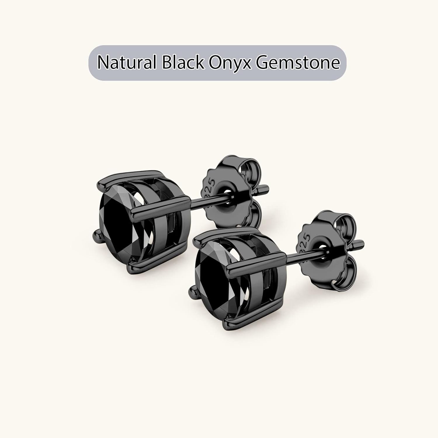 Leander 925 Sterling Silver Black Onyx Stud Earrings For Men Women, Hypoallergenic Mens Viking Rune Square Simulated Diamond CZ Studs Cushion/Round/Princess Cut Onyx Earrings Fine Jewelry