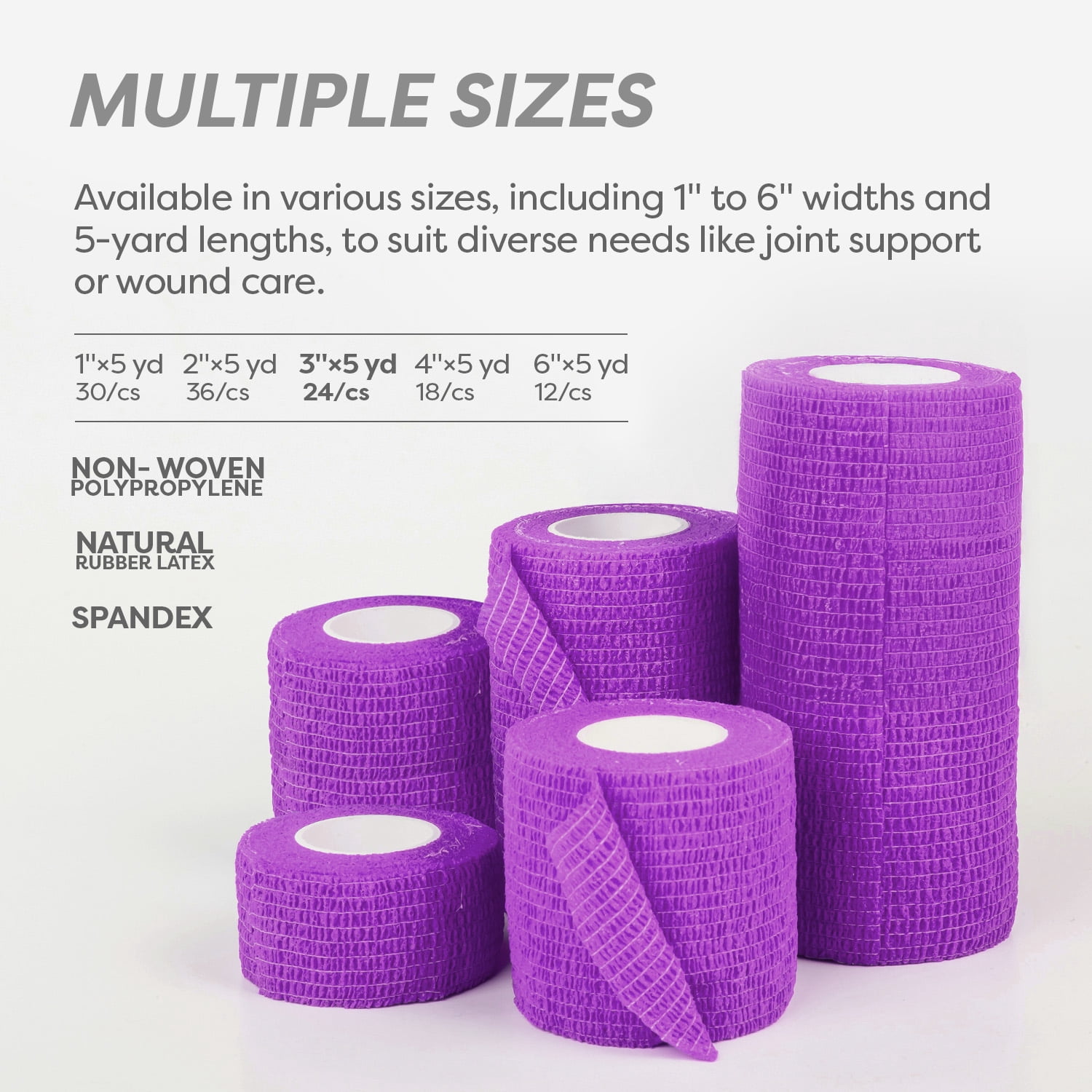 Dynarex Sensi-Wrap Self-Adhesive Bandages, 24-Pack, 3" x 5 yards, Purple, Latex, Colored Elastic Cohesive Athletic Tape, Tattoo Grip & Vet Wrap