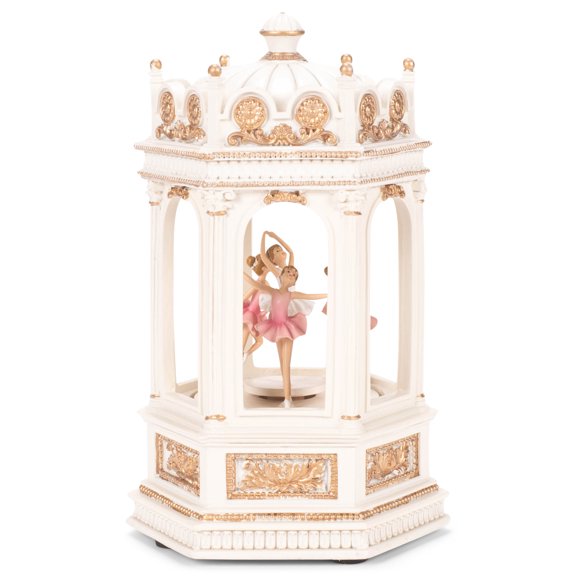 Creamy White Goldtone Ballet Musical Carousel 9 inch Resin Decorative Tabletop Figurine