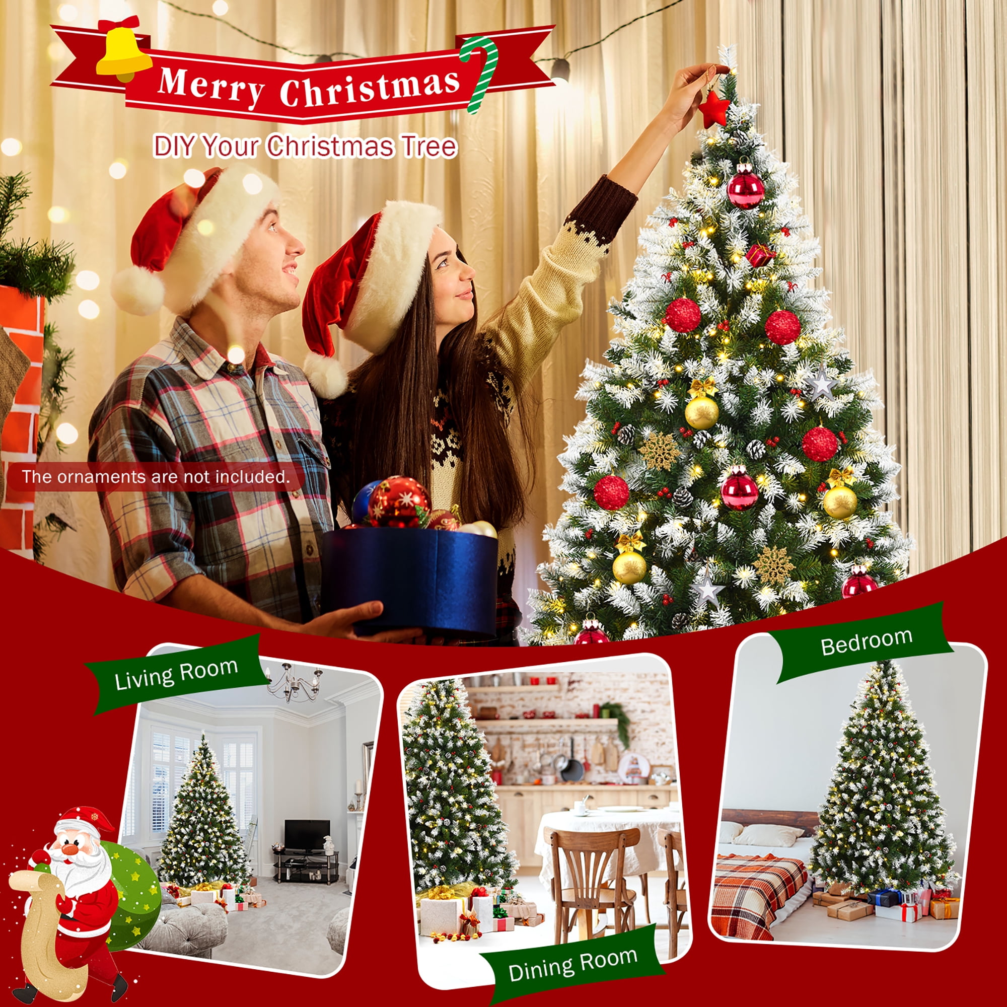 Costway 7.5ft Pre-lit Snowy Christmas Tree 1398 Tips with Pine Cones & Red Berries