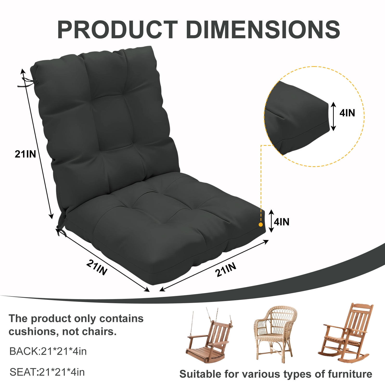 2-Pack 42"x21"x4" Outdoor Chair Cushions, High Back Soft Seat Pad with Ties, Fade-Resistant & Waterproof for Patio Dining/Rocking Chairs, Indoor/Outdoor Use,Dark Gray