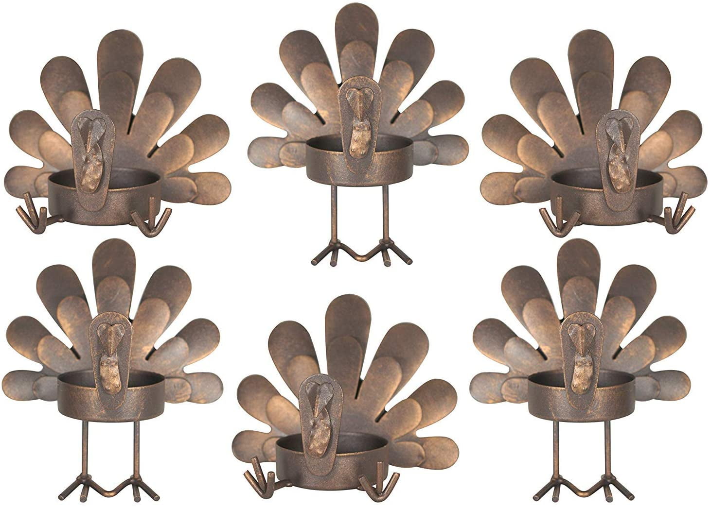 Tea Light Candle Holders, LONGRV 6 Pack Thanksgiving Decorations Turkey Candle Holders, Bronze Finished Metal, Thanksgiving Sitting Standing Turkey Holders Set for Table Kitchen Decorations