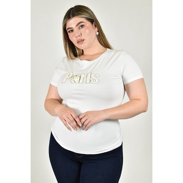 Playera Paris con pedreria Roman Fashion /Tallas Extras, 2261 (Blanco) blanco 42