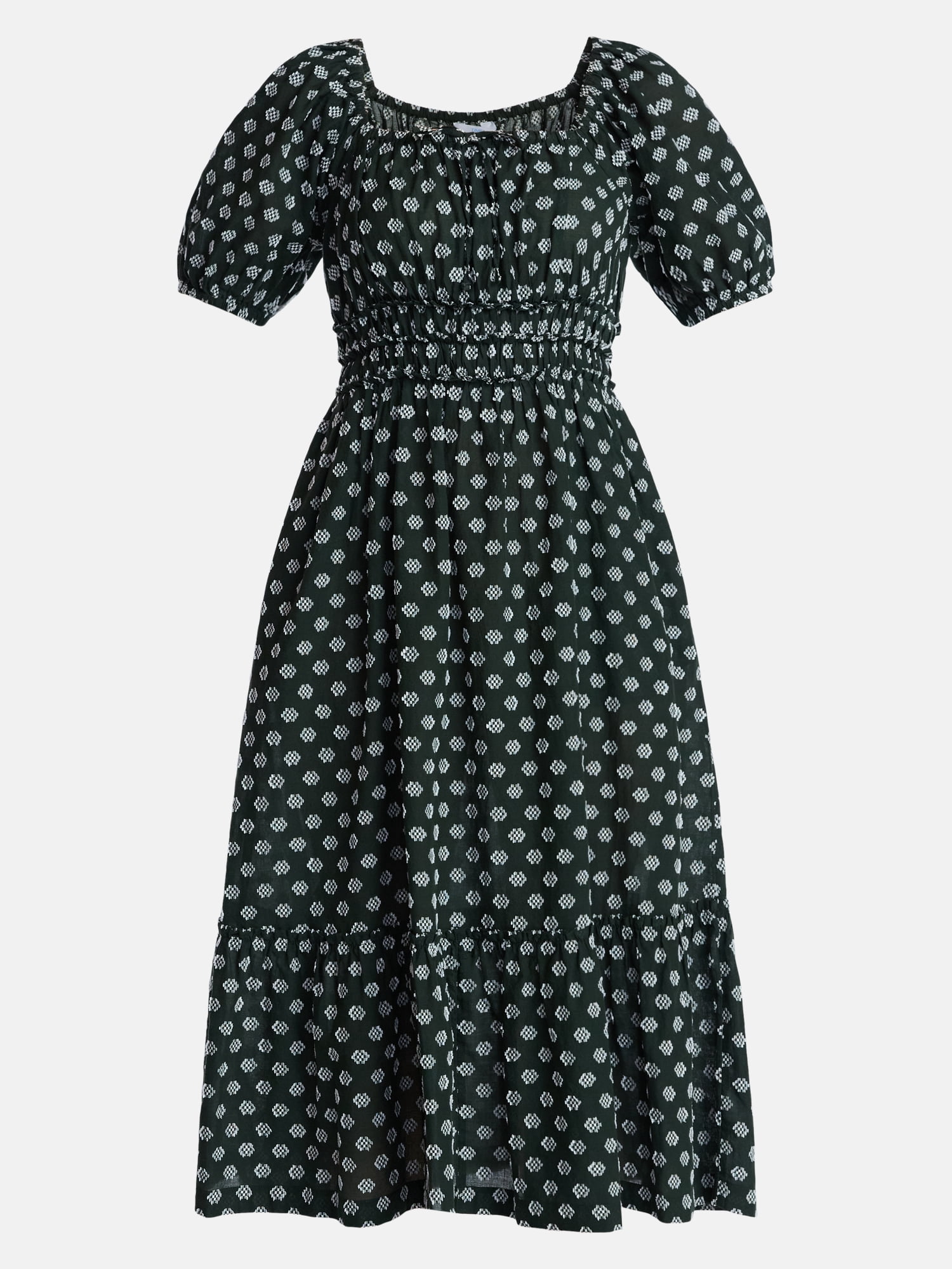 Time and Tru Women's Square Neck Cotton Midi Dress with Puff Sleeves, Sizes XS-XXXL