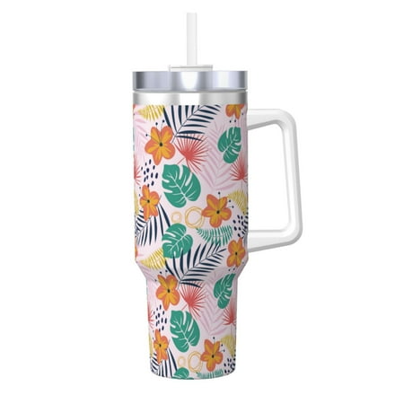 

Logiee Tropical Plants Print 40OZ Ice Bully Cup with Handle and Straw Double Wall Stainless Steel Tumbler Travel Coffee Cup with Lid Summer Insulation and Cooling Cup