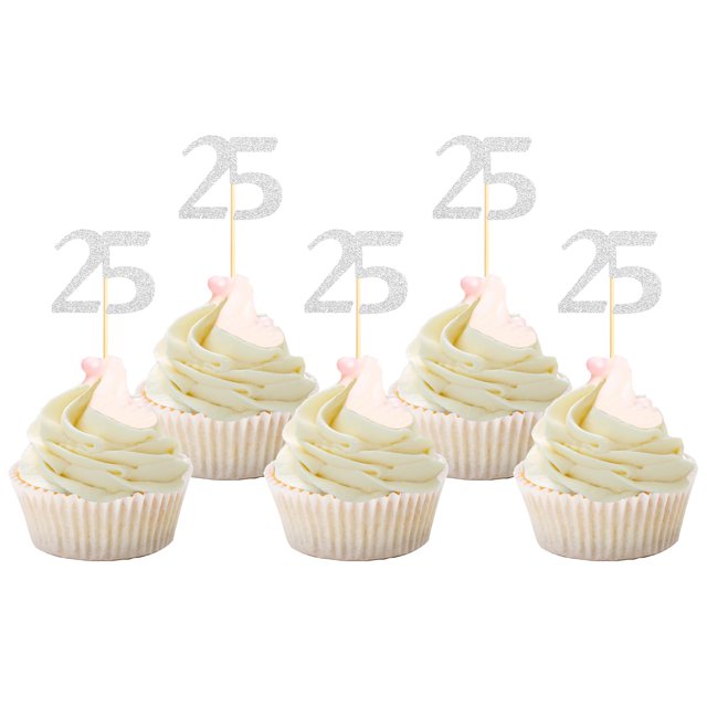 Cupcake Toppers Sotpot para fiesta de 25 cumpleaños, 25 años, 30 unidades, color plateado