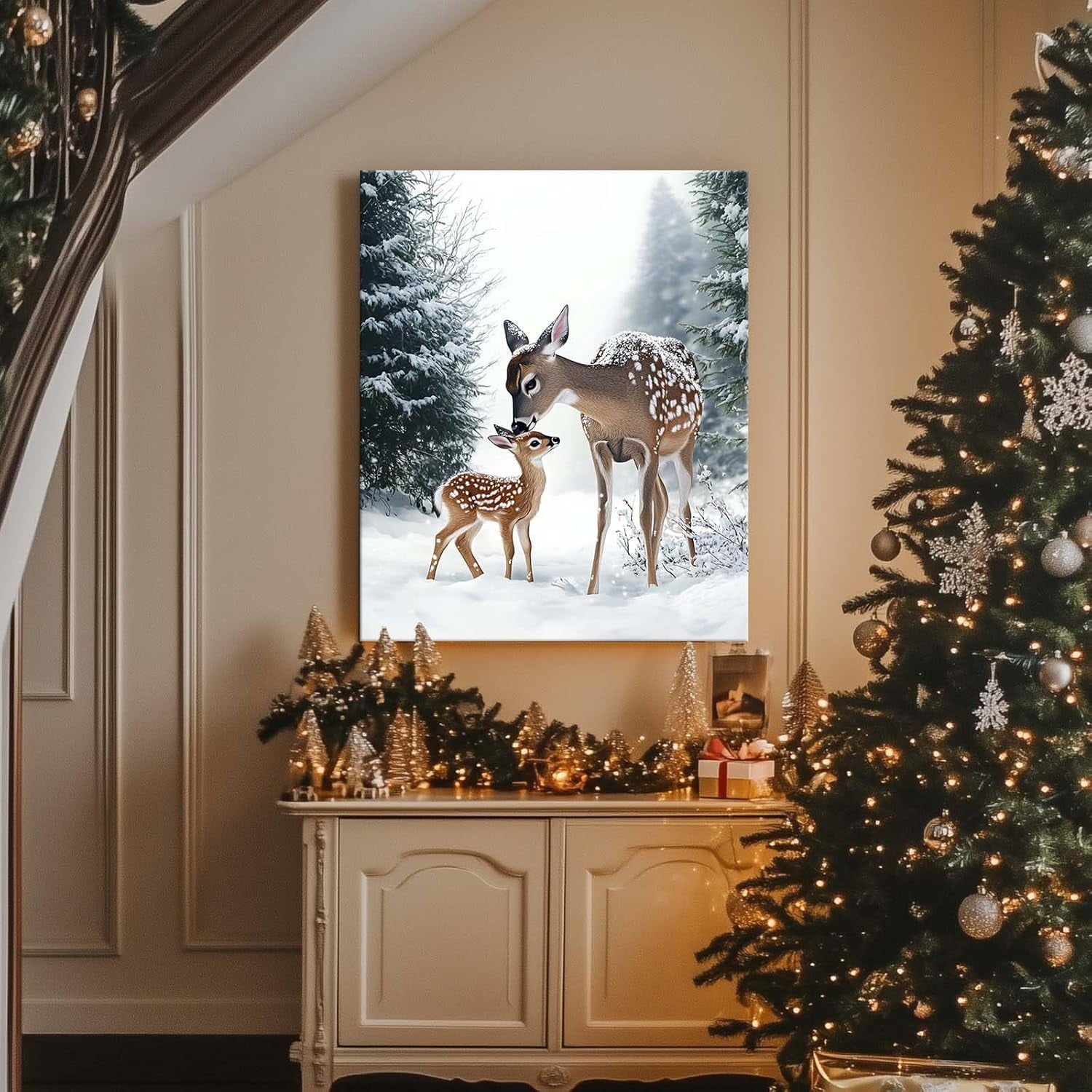 Christmas Canvas Wall Art Decor with Mother Reindeer and Fawn, Winter Holiday Canvas Print for Living Room and Bedroom, Christmas-Themed Wall Décor to Enhance Holiday Atmosphere?11X14 inch