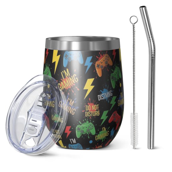 12oz Stemless Wine Tumblers Colorful Controllers Games Words Black Pattern Vacuum Insulated Stainless Steel Travel Tumbler Cups Mug with Lid and Straw for Champaign,Cocktail,Beer with Cleaning Brush
