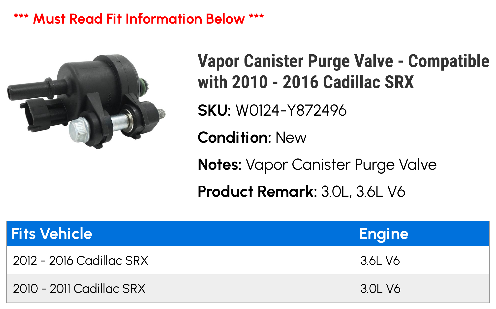 Canister Purge Valve - Compatible with 2010 - 2016 Cadillac SRX 2011 2012 2013 2014 2015