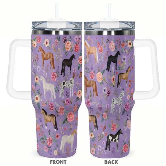 40oz Horse Floral Tumbler Insulated Car Cup Travel Coffee Cup Lavender Equestrian Gift for Women