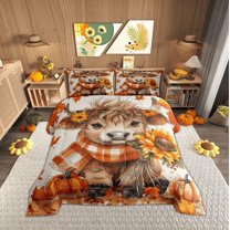 Manfei Rustic Highland Cow Bedding Comforter Set, Orange Pumpkin Sunflower Twin Comforter Sets, Happy Fall Harvest Bedding Set, Ultra Soft Home Decor, 2pcs