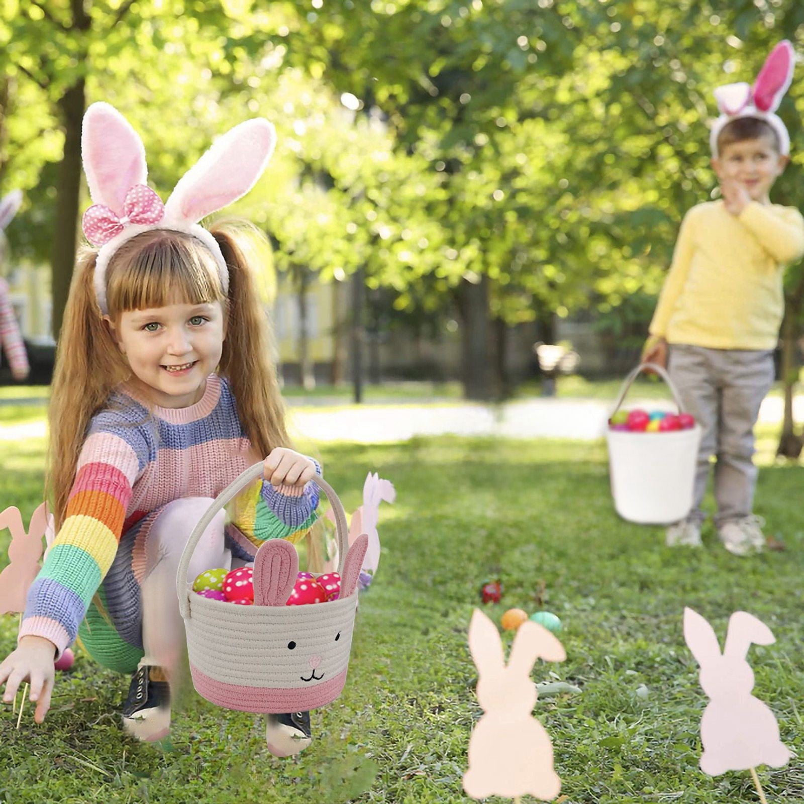 Easter Basket with Handle, Rustic Cotton Handle Bunny Storage Basket, for Easter Egg Hunts, Picnics, and Desktop Storage, Ideal for Kids and Toddlers
