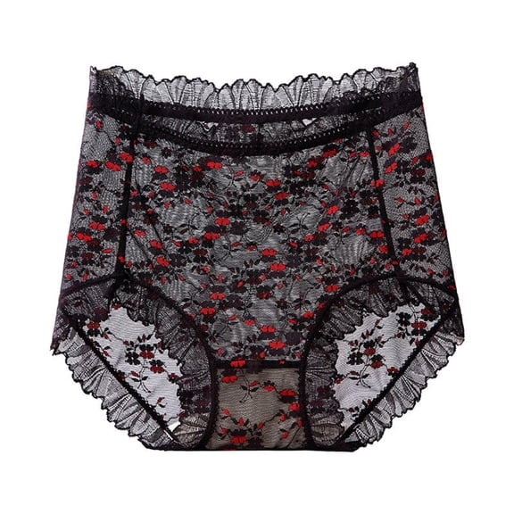WRKEKC Panties for Women Printed Floral High Waist Sheer Hollow Out Lace Mesh Plus Size Triangle Underwear with Elastic Waist