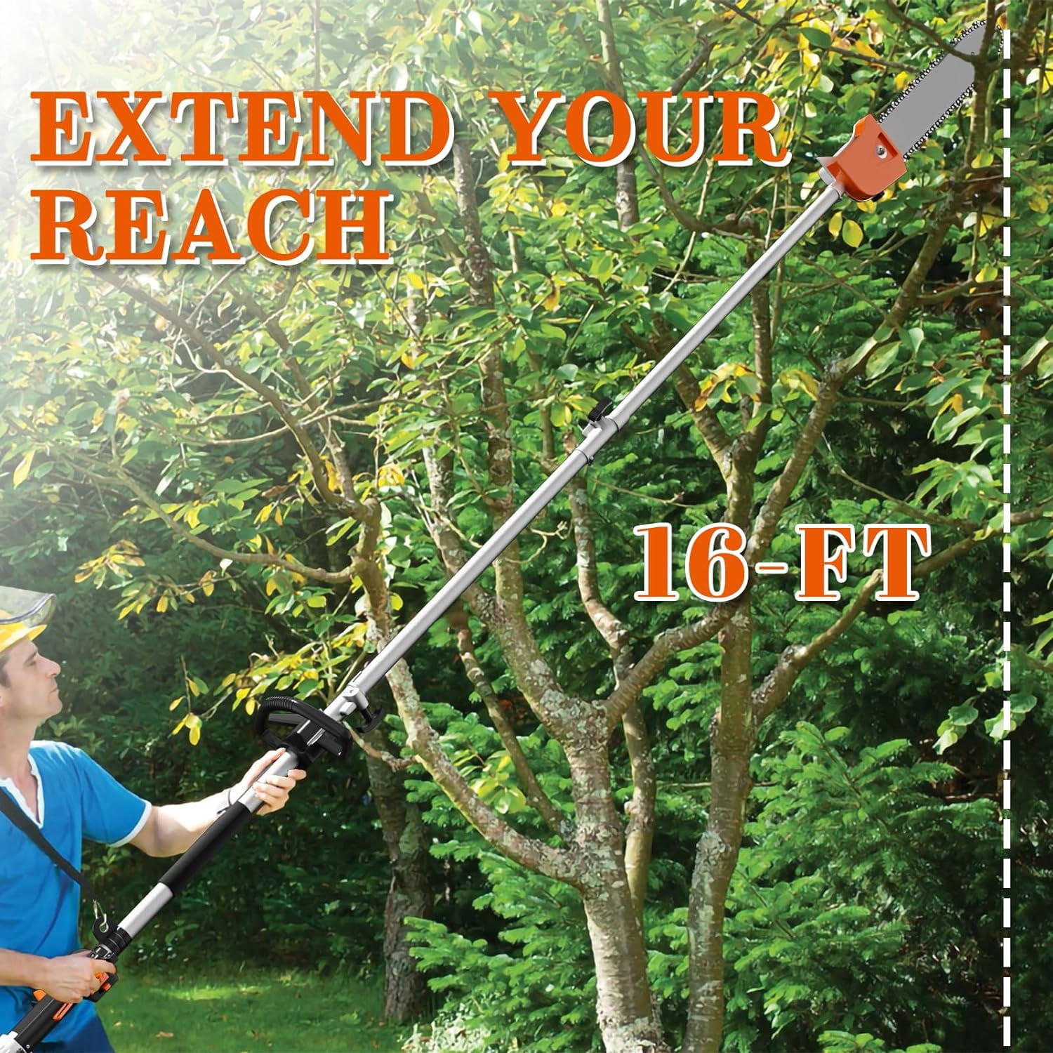 EAYSG 48cc Gas Powered Pole Saws,2-Stroke Gas Pole Saws for Tree Trimming with11.5in Cutting Bar,16 FT Extendable Pole Chainsaw Tree Trimmer