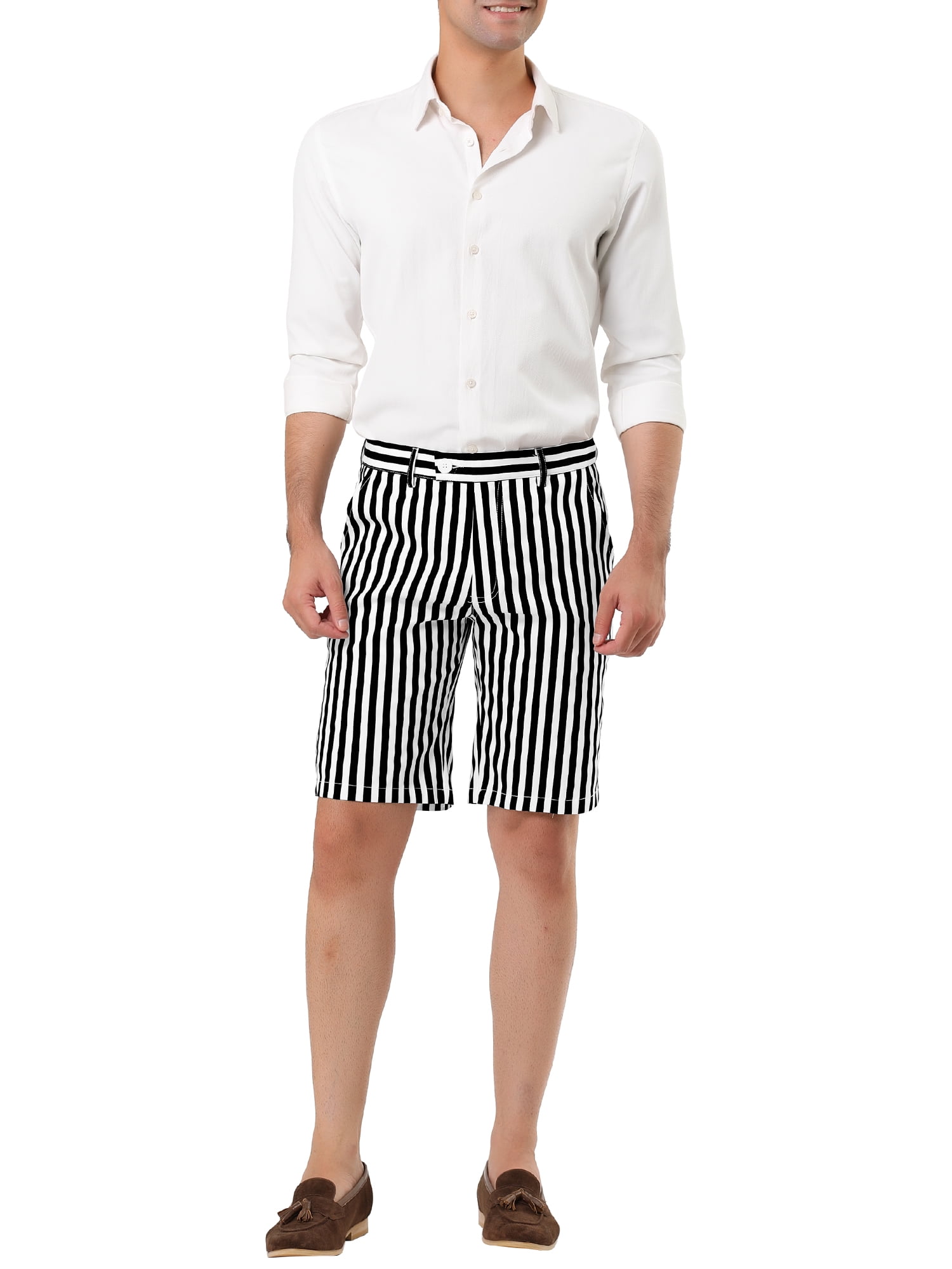 Unique Bargains Men's Business Stripe Printed Flat Front Summer Chino Shorts 36 White