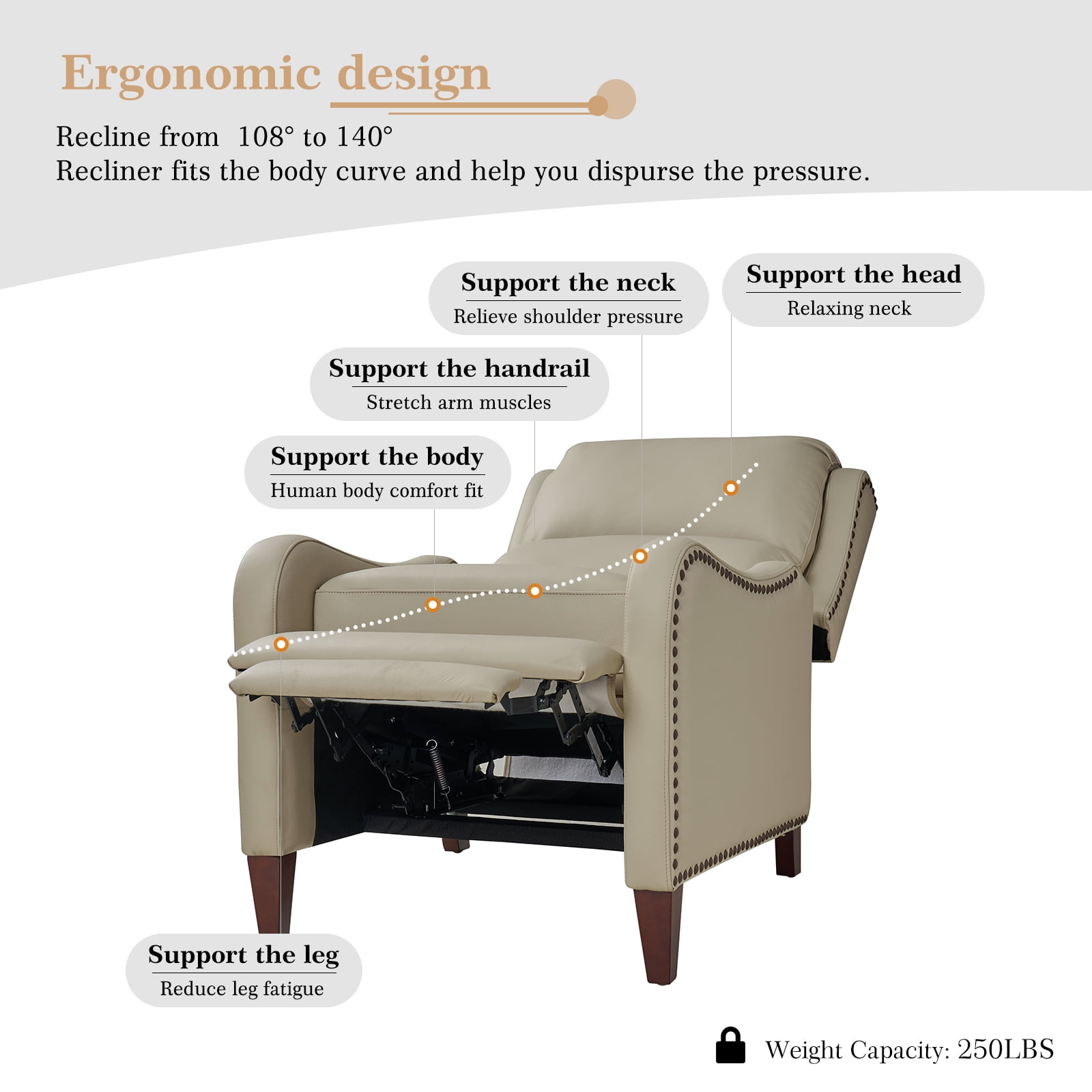 Genuine Leather Recliner Chair Push Back Upholstered Armchair Wingback Lounge Sofa Wood Leg Home Decor Living Room Beige