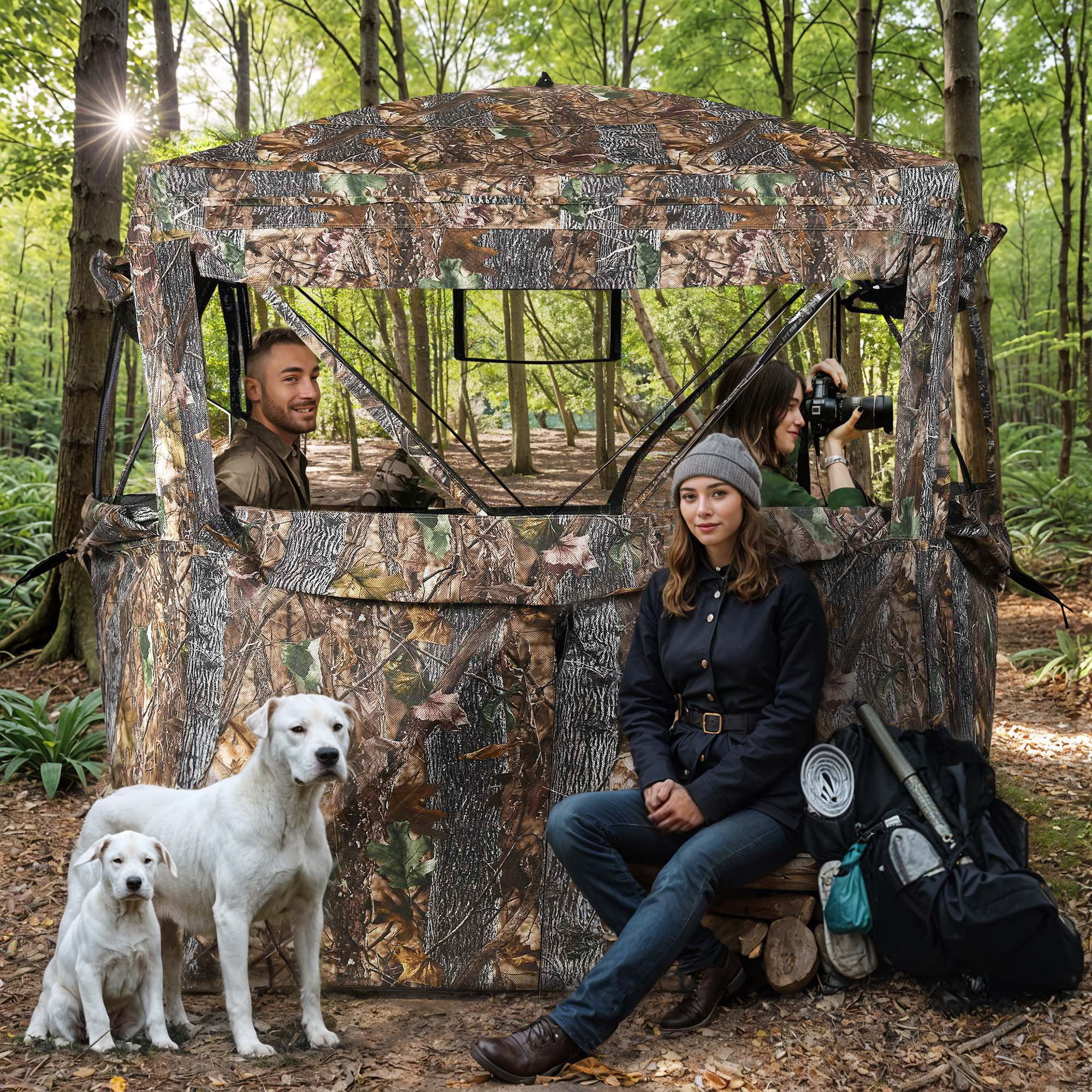Uforic 360° See Through Ground Hunting Blind for 3-4 Persons, Pop-up Ground Blind With Tri-Leg Chair, Silent Magnetic Zipper Door and Carrying Bag