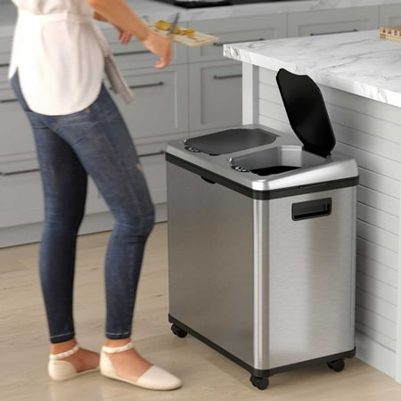 iTouchless 2 Compartment Recycle Touchless Trashcan 16 gallon Stainless Steel Recycling Bin