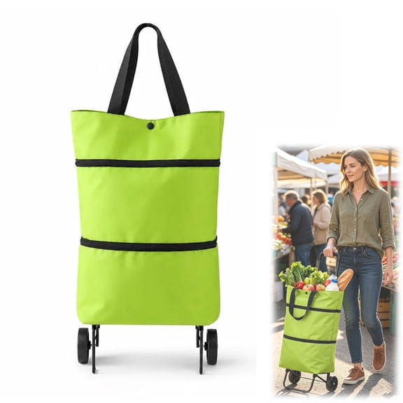 2-in-1 Foldable Shopping Cart with Wheels – Waterproof Grocery Bag Hand Truck, Collapsible Rolling Tote for Supermarket Laundry Travel, 33 lbs