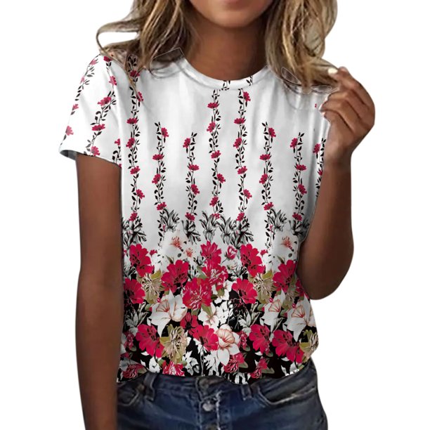 Gibobby Playera de Manga Corta Casual Suave Camiseta manga corta con cuello redondo y estampado moda informal para mujer(Rojo,G)