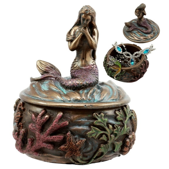 Ebros Beautiful Mermaid Tefiti Praying Round Jewelry Box Figurine 3.25"H Small Nautical Starfish Coral Decorative Trinket Keepsake
