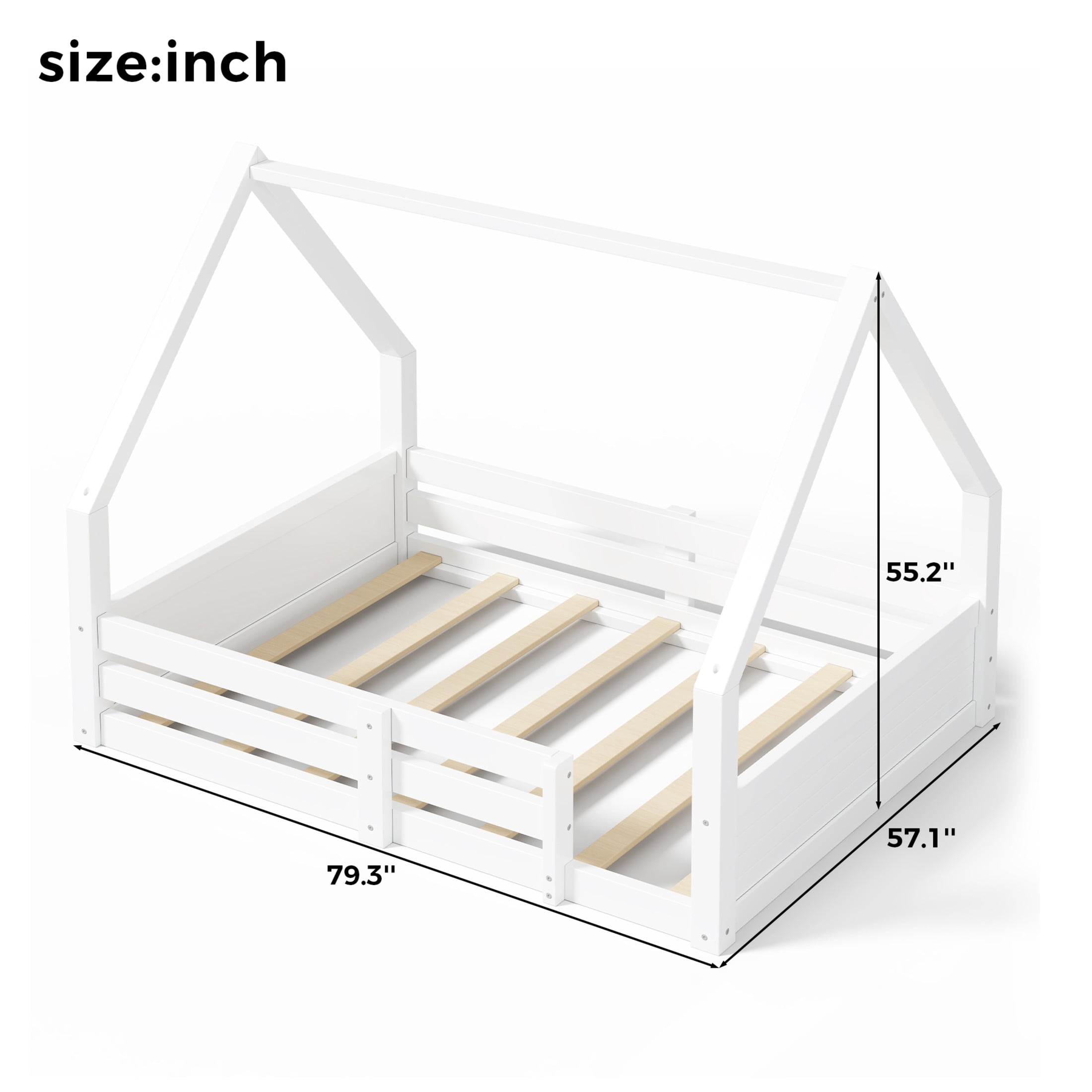 Noble House Salma Full Size House Floor Wooden Bed with Roof Frame & Grooved Panels, Safety Guardrails, White
