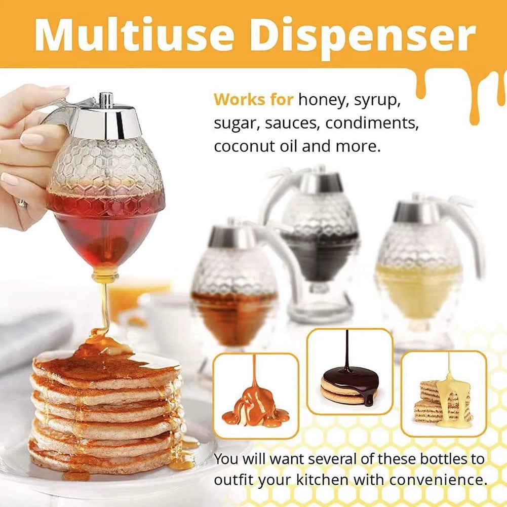 No Drip Honey Dispenser with Stand - Honeycomb Shaped Honey Holder and Syrup Dispenser -Bee Decor Honey Storage Jar, Honey Dispenser for Honey, Syrup - 8 oz， Father's Day Gift