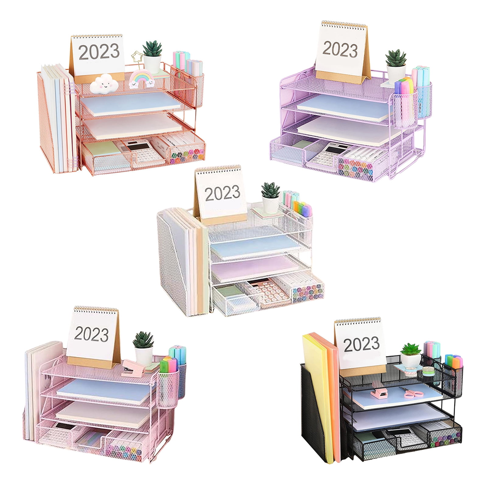 RUISINERY 4-Tiered Letter Tray Metal with Magazine Stand Drawer Pen Cups Desk Organizers and Accessories Multifunction for Office